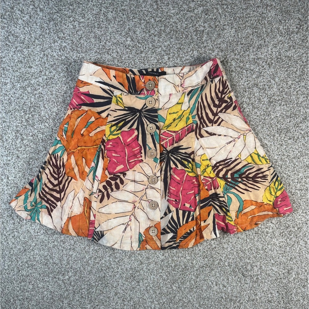Forever 21 Tropical Leaf Print Button Front Mini Skirt Multicolor XS